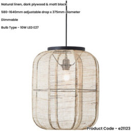 Loops Hanging Ceiling Pendant Light - Medium Natural Linen Dark Plywood & Matt Black - 10W Led E27 - thumbnail 2