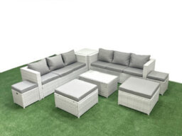 Fimous 8 Pieces Rattan Garden Furniture Set Outdoor Garden Sofa Coffee Table Set Side Table 4 Stools Light Grey - thumbnail 1
