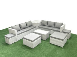 Fimous 8 Pieces Rattan Garden Furniture Set Outdoor Garden Sofa Coffee Table Set Side Table 4 Stools Light Grey - thumbnail 2