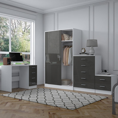 Reflect 2 Door Sliding Wardrobe, 5 Drawer Chest, 2 Drawer Bedside & Desk - Grey Gloss & Matt White - Modern Bedroom Furniture Set - image 1