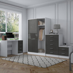 Reflect 2 Door Sliding Wardrobe, 5 Drawer Chest, 2 Drawer Bedside & Desk - Grey Gloss & Matt White - Modern Bedroom Furniture Set - thumbnail 1