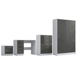 Reflect 2 Door Sliding Wardrobe, 5 Drawer Chest, 2 Drawer Bedside & Desk - Grey Gloss & Matt White - Modern Bedroom Furniture Set - thumbnail 5