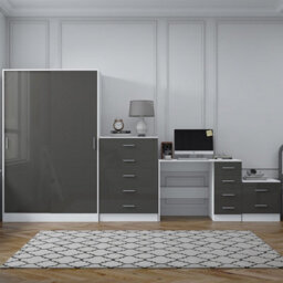 Reflect 2 Door Sliding Wardrobe, 5 Drawer Chest, 2 Drawer Bedside & Desk - Grey Gloss & Matt White - Modern Bedroom Furniture Set - thumbnail 4