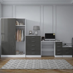 Reflect 2 Door Sliding Wardrobe, 5 Drawer Chest, 2 Drawer Bedside & Desk - Grey Gloss & Matt White - Modern Bedroom Furniture Set - thumbnail 3