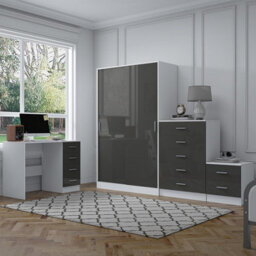 Reflect 2 Door Sliding Wardrobe, 5 Drawer Chest, 2 Drawer Bedside & Desk - Grey Gloss & Matt White - Modern Bedroom Furniture Set - thumbnail 2