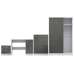Reflect 2 Door Sliding Wardrobe, 5 Drawer Chest, 2 Drawer Bedside & Desk - Grey Gloss & Matt White - Modern Bedroom Furniture Set - thumbnail 6