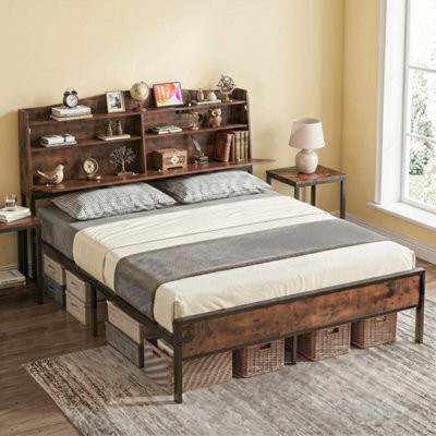 Industrial Metal King Size Bed Frame With Charging Station Platform Bed - image 1