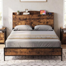 Industrial Metal King Size Bed Frame With Charging Station Platform Bed - thumbnail 3