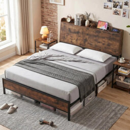 Industrial Metal King Size Bed Frame With Charging Station Platform Bed - thumbnail 4