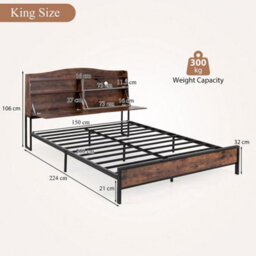 Industrial Metal King Size Bed Frame With Charging Station Platform Bed - thumbnail 2