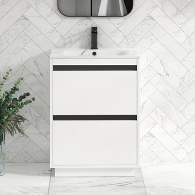 Royal Bathrooms Orion 600mm Matt White 2 Drawer Floor Standing Bathroom Vanity Unit With Carrara White Basin & Black Accent Trim - image 1