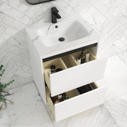 Royal Bathrooms Orion 600mm Matt White 2 Drawer Floor Standing Bathroom Vanity Unit With Carrara White Basin & Black Accent Trim - thumbnail 4