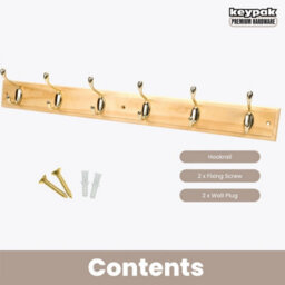 Keypak 6-Hook Wall-Mounted Coat Rack, 68Cm - Pine Wood Effect Board, Polished Brass Coat Hooks - Fixings Included - thumbnail 4