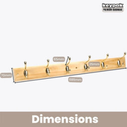 Keypak 6-Hook Wall-Mounted Coat Rack, 68Cm - Pine Wood Effect Board, Polished Brass Coat Hooks - Fixings Included - thumbnail 3