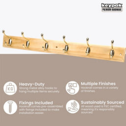 Keypak 6-Hook Wall-Mounted Coat Rack, 68Cm - Pine Wood Effect Board, Polished Brass Coat Hooks - Fixings Included - thumbnail 2