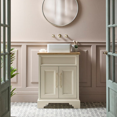 Homestylestore Antique White And Oak 645mm Bathroom Vanity Unit With Square Countertop Basin And Brushed Brass T Bar Handles - image 1