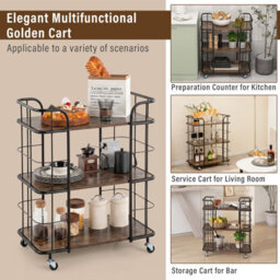 Costway Buffet Serving Cart 3 Tier Rolling Bar Cart With White Faux Marble Shelves & Golden Metal Frame Brown - thumbnail 7