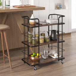 Costway Buffet Serving Cart 3 Tier Rolling Bar Cart With White Faux Marble Shelves & Golden Metal Frame Brown - thumbnail 4