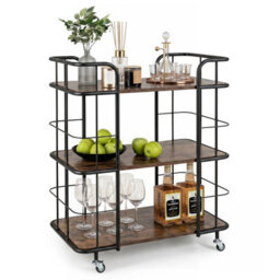 Costway Buffet Serving Cart 3 Tier Rolling Bar Cart With White Faux Marble Shelves & Golden Metal Frame Brown - thumbnail 6