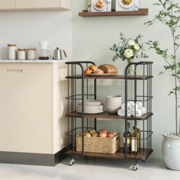 Costway Buffet Serving Cart 3 Tier Rolling Bar Cart With White Faux Marble Shelves & Golden Metal Frame Brown - thumbnail 3