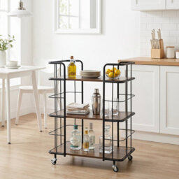 Costway Buffet Serving Cart 3 Tier Rolling Bar Cart With White Faux Marble Shelves & Golden Metal Frame Brown - thumbnail 5