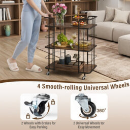 Costway Buffet Serving Cart 3 Tier Rolling Bar Cart With White Faux Marble Shelves & Golden Metal Frame Brown - thumbnail 8