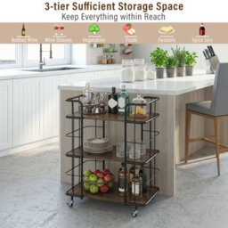 Costway Buffet Serving Cart 3 Tier Rolling Bar Cart With White Faux Marble Shelves & Golden Metal Frame Brown - thumbnail 9