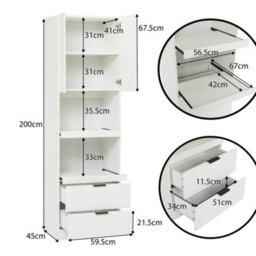 Btm 200Cm Tall Kitchen Cabinet With Drawers And Microwave Shelves, Freestanding Storage Cupboard, White - thumbnail 8