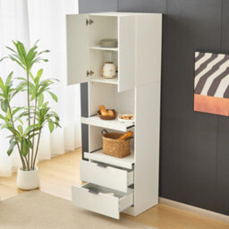 Btm 200Cm Tall Kitchen Cabinet With Drawers And Microwave Shelves, Freestanding Storage Cupboard, White - thumbnail 2