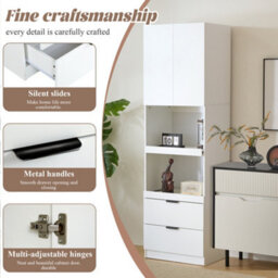 Btm 200Cm Tall Kitchen Cabinet With Drawers And Microwave Shelves, Freestanding Storage Cupboard, White - thumbnail 4