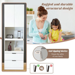 Btm 200Cm Tall Kitchen Cabinet With Drawers And Microwave Shelves, Freestanding Storage Cupboard, White - thumbnail 5