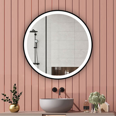 Probaty Bathrooms 600mm Round Led Mirror 3-Color Dimmable With Anti-Fog Touch Sensor Black Framed Backlit Vanity Wall Mirror - image 1
