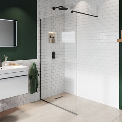 Aquadry Cassien Matt Black Clear Rectangular Wet Room Glass Screen Kit & Wall-Mounted Bar (H)200Cm (W)80Cm - image 1