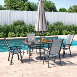 Living And Home Set Of 5 Black Garden Ripple Glass Rectangle Umbrella Table And Folding Chairs Set 150 Cm - thumbnail 3