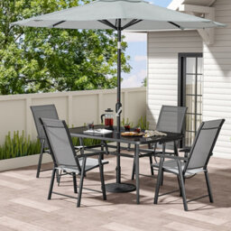 Living And Home Set Of 5 Black Garden Ripple Glass Rectangle Umbrella Table And Folding Chairs Set 150 Cm - thumbnail 2