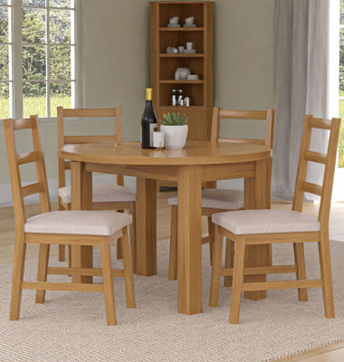 Hallowood Furniture Waverly Drop Leaf Round Table With 4 Ladder Back Oak Chairs With Beige Fabric Seats - image 1