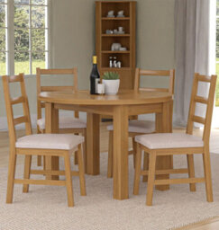 Hallowood Furniture Waverly Drop Leaf Round Table With 4 Ladder Back Oak Chairs With Beige Fabric Seats - thumbnail 1