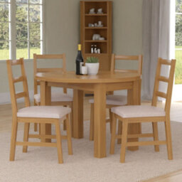 Hallowood Furniture Waverly Drop Leaf Round Table With 4 Ladder Back Oak Chairs With Beige Fabric Seats - thumbnail 3