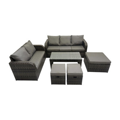 Fimous Rattan Garden Outdoor Furniture Set 3 Seater Sofa Love Sofa Coffee Table With 3 Footstools Dark Grey Mixed - image 1