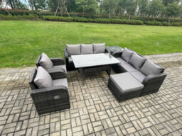 Fimous 7 Piece Rattan Garden Furniture Set With Patio Sofa Rectangular Dining Table Big Footstool Side Table Indoor Set - thumbnail 2