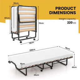 200Cm Folding Bed Metal Frame Portable Foldable Guest Bed W/ Mattress & Wheels - thumbnail 2