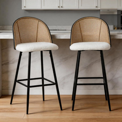 Bar Stools Set Of 2, Bar Chairs With Pe Rattan Backrest - White - image 1