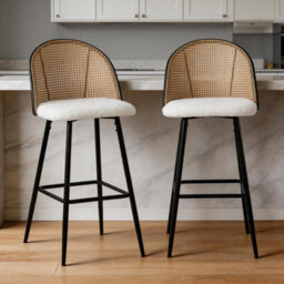 Bar Stools Set Of 2, Bar Chairs With Pe Rattan Backrest - White