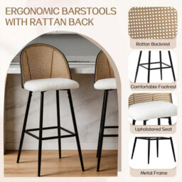 Bar Stools Set Of 2, Bar Chairs With Pe Rattan Backrest - White - thumbnail 3