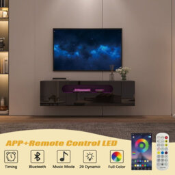 Keepreaper Sleek Floating Tv Stand With Led Light For 37-65 Inch Tvs, High Gloss Media Console For Living Room Bedroom, Black - thumbnail 7