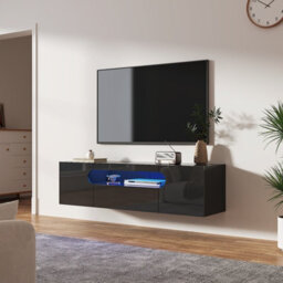 Keepreaper Sleek Floating Tv Stand With Led Light For 37-65 Inch Tvs, High Gloss Media Console For Living Room Bedroom, Black - thumbnail 3