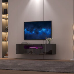 Keepreaper Sleek Floating Tv Stand With Led Light For 37-65 Inch Tvs, High Gloss Media Console For Living Room Bedroom, Black - thumbnail 2