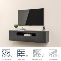 Keepreaper Sleek Floating Tv Stand With Led Light For 37-65 Inch Tvs, High Gloss Media Console For Living Room Bedroom, Black - thumbnail 8