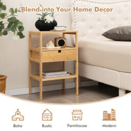 Costway Set Of 2 Bamboo Nightstand 3-Tier Bedside Table W/ Storage Drawer - thumbnail 9
