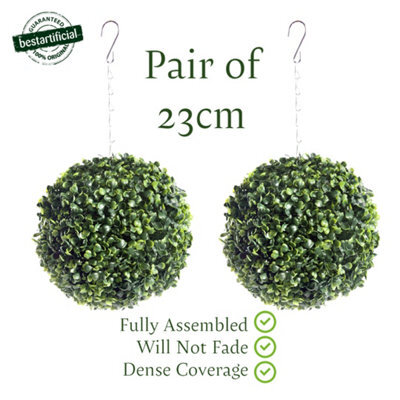 Pair Of Best Artificial 23Cm Green Boxwood Buxus Grass Hanging Basket Topiary Ball - Suitable For Outdoor Use - image 1